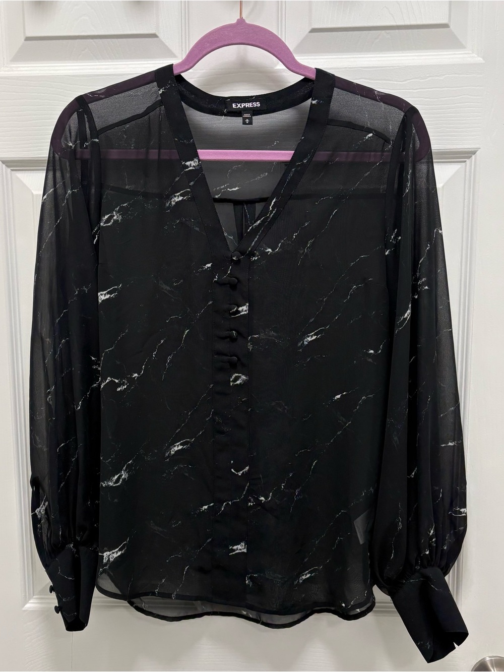Express Black Sheer Marble-Print Button Blouse